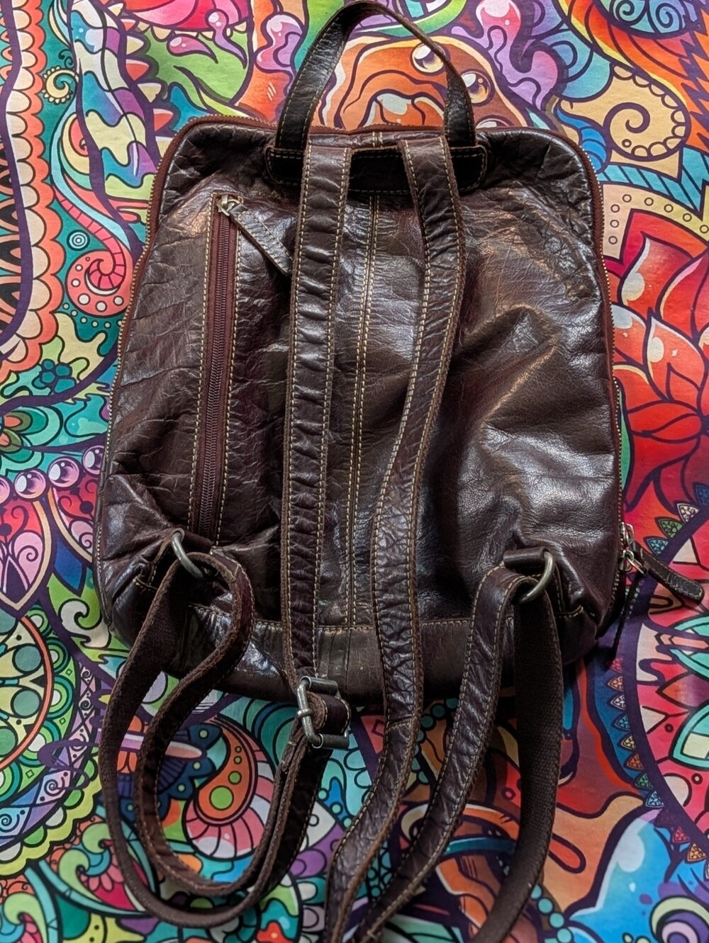 Wild West Los Angeles Leather Brown Zip Backpack Plaid Interior Multi Pocket Bag